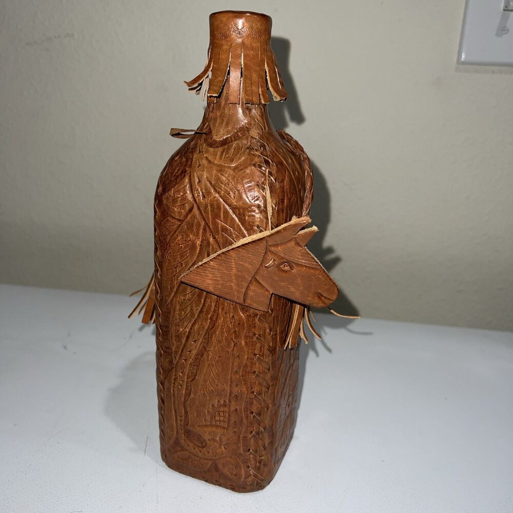 Tooled Leather Wrapped Bottle TWIST LID Handle Holder Fringe Horse Head Honduras